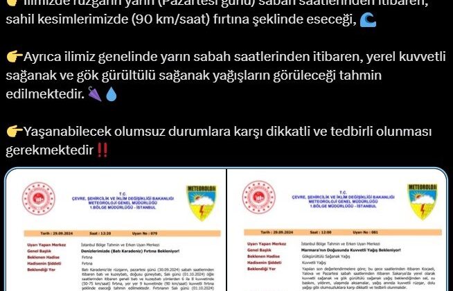 Sakarya’da fırtına ve sağanak yağış uyarısı