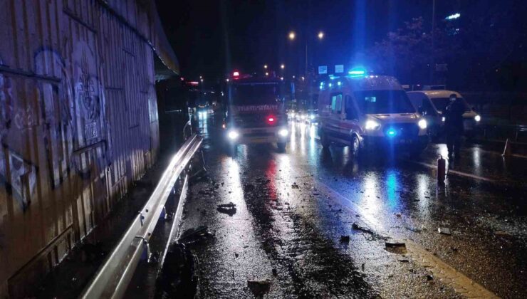 Bariyere çarpan hafif ticari araç yan yattı